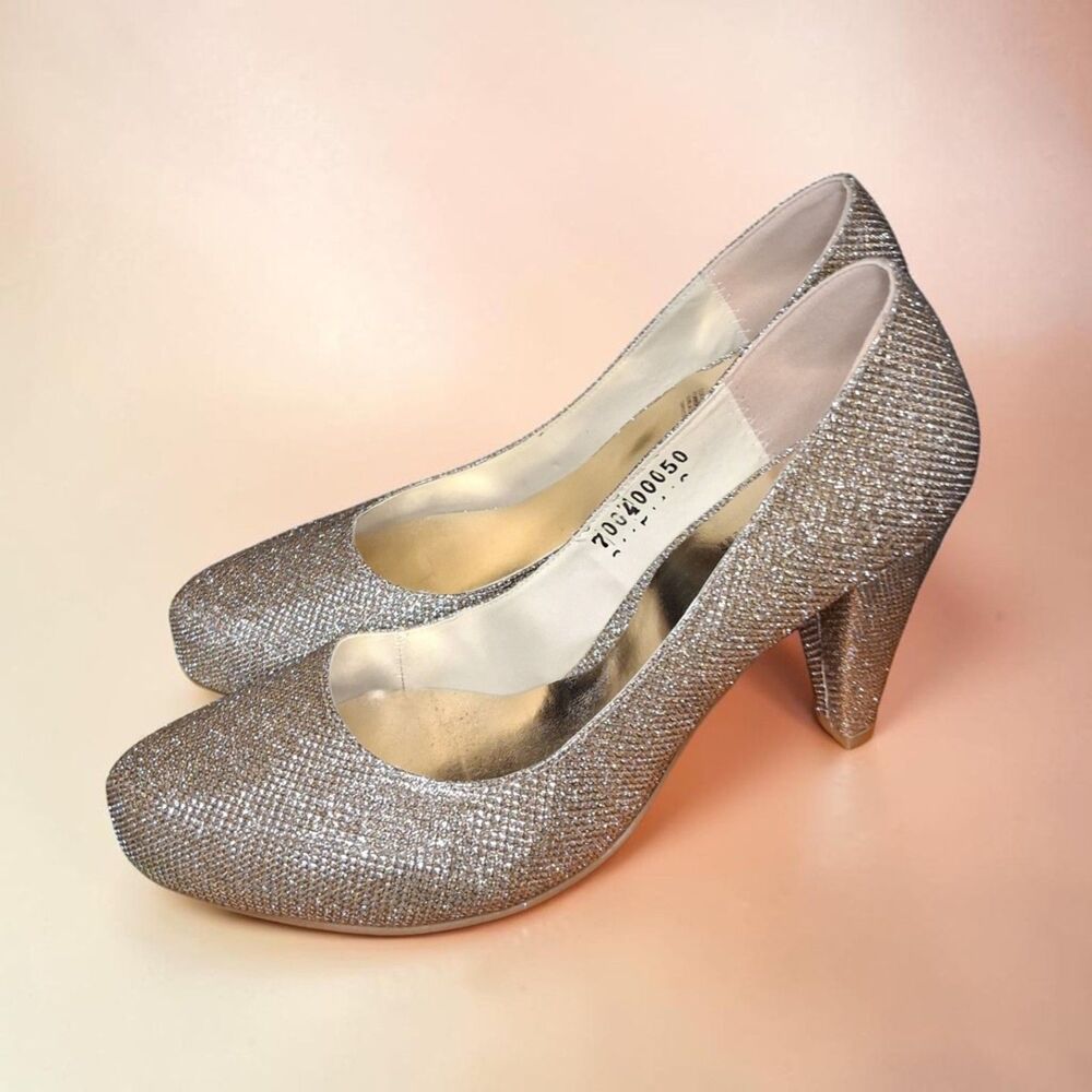 Sparkly Silver Gold Shimmer Pumps Round Toe Block Heel Shoes US 8 Mex 25